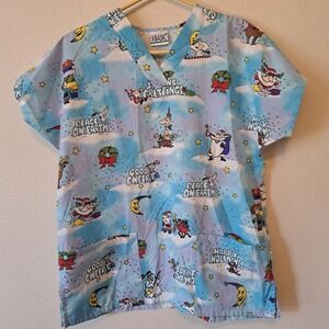 Simply Basic Christmas Holiday Scrub Top Blue Cartoon Santa Reindeer V-Neck XL